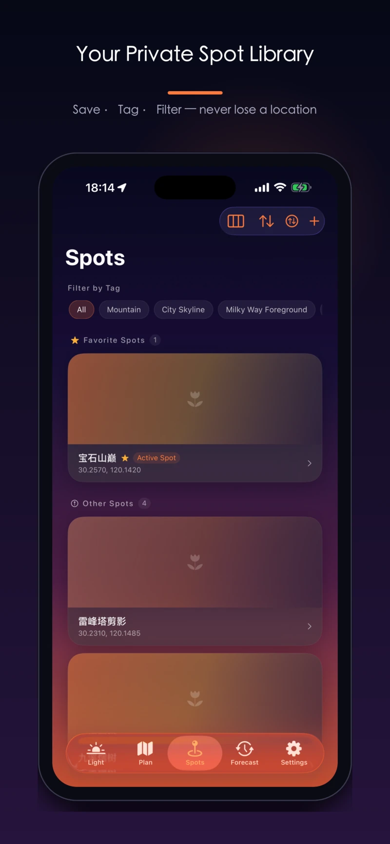 Spot library: favorites and tag filters