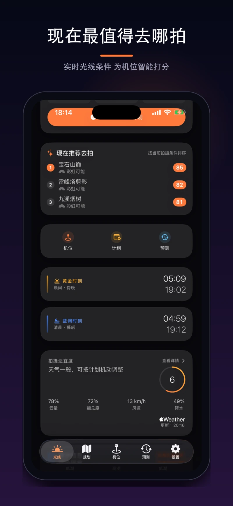 机位排行：按实时光线打分